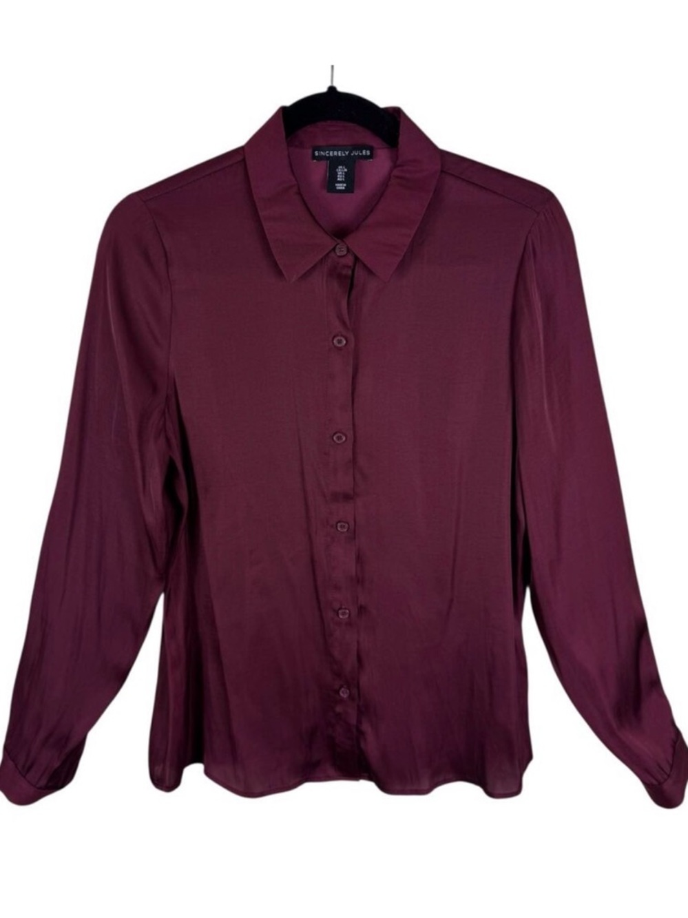 Sincerely Jules Burgundy Maroon Satin Long Sleeve Collared Button Up Blouse Sz L